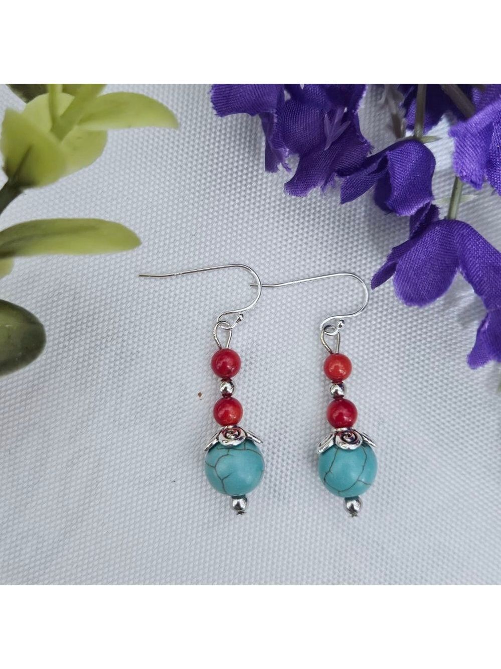 Turquoise/Red Coral Stone Silver Plated Earrings